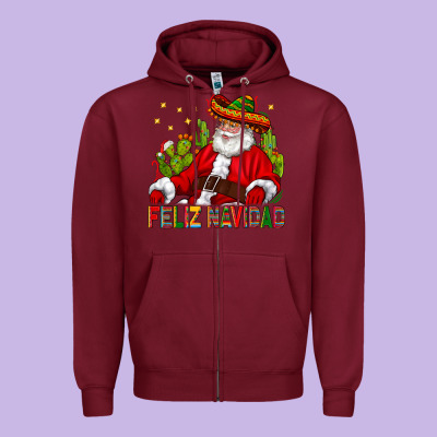 Feliz Navidad Santa With Cactus Zipper Hoodie Designed By Bundleandbundleshop