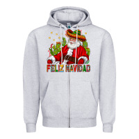 Heather Grey Feliz Navidad Santa With Cactus Zipper Hoodie - BundleAndBundleShop