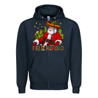 Navy Feliz Navidad Santa With Cactus Zipper Hoodie - BundleAndBundleShop