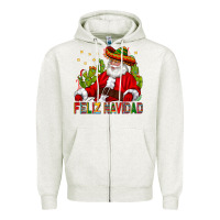 Oatmeal Heather Feliz Navidad Santa With Cactus Zipper Hoodie - BundleAndBundleShop