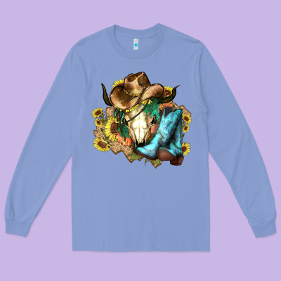 Cow Skull Cowboy Boots Hats Sunflowers Long Sleeve Tee Designed By Howdyjamesfarm