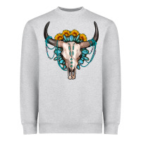 Heather Grey sunflower gemstone bull skull Heavyweight Sweatshirt - OliviaCreatesArt