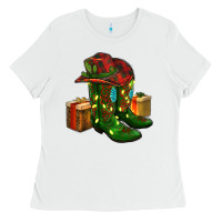 White cowboy hat with boots christmas Ladies Tee - RanaPortraitStore