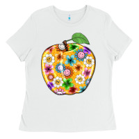 White colorful flora apple teacher Ladies Tee - NancyCooperArtShop
