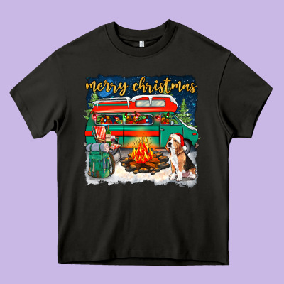 Merry Christmas With Camper Van Heavy Core Tee Designed By Nancycooperartshop
