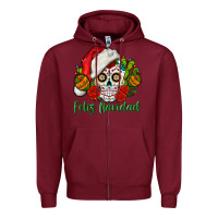 Burgundy Feliz Navidad Skull Zipper Hoodie - BundleAndBundleShop