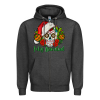 Charcoal Heather Feliz Navidad Skull Zipper Hoodie - BundleAndBundleShop