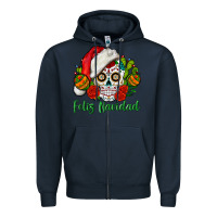 Navy Feliz Navidad Skull Zipper Hoodie - BundleAndBundleShop