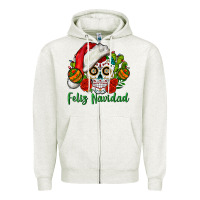 Oatmeal Heather Feliz Navidad Skull Zipper Hoodie - BundleAndBundleShop