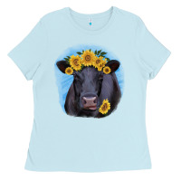 Baby Blue Black Angus with Sunflower Ladies Tee - Jasminsmagicworld