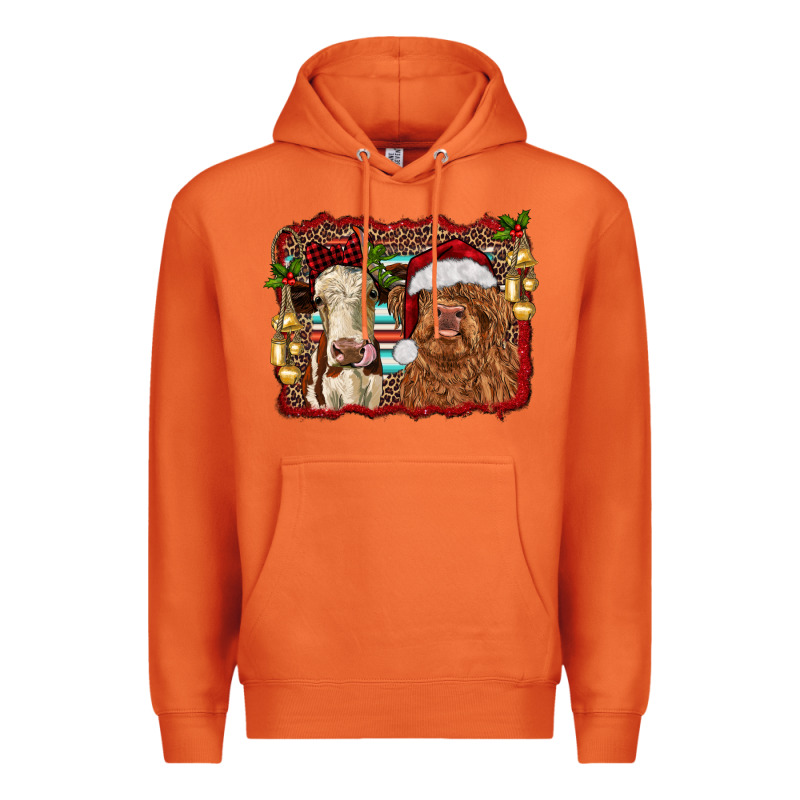 Christmas Heifer And Highland Cow With Serape Background Premium Hoodie by RanaPortraitStore | Teevron