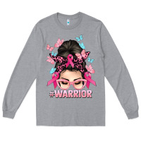 Heather Grey Warrior Cancer messy bun Cancer Awareness Long Sleeve Tee - HowdyJamesFarm