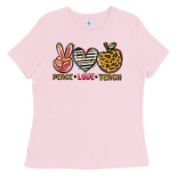 Bubblegum Pink peace love teach Ladies Tee - NancyCooperArtShop