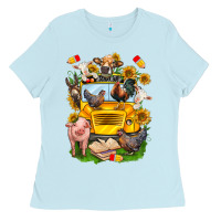 Baby Blue farm animals with school bus Ladies Tee - NancyCooperArtShop