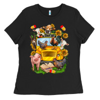 Black farm animals with school bus Ladies Tee - NancyCooperArtShop