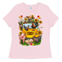 Bubblegum Pink farm animals with school bus Ladies Tee - NancyCooperArtShop