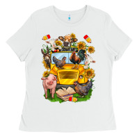 White farm animals with school bus Ladies Tee - NancyCooperArtShop