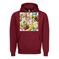 Burgundy Easter Hamper With Bunny Seamless Pattern Zipper Hoodie - BundleAndBundleShop
