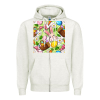 Oatmeal Heather Easter Hamper With Bunny Seamless Pattern Zipper Hoodie - BundleAndBundleShop