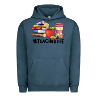 Pigment Midnight Navy teacher life with books  pen and coffee Urban Hoodie - Artiststas