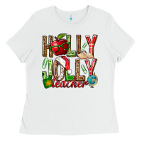 White holly jolly teacher Ladies Tee - NancyCooperArtShop