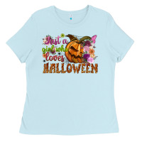 Baby Blue just a girl who loves halloween Ladies Tee - NancyCooperArtShop