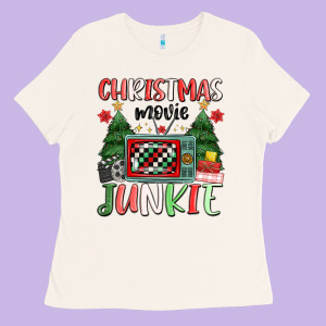Christmas Movie Junkie Ladies Tee Designed By Maliassmallbusiness