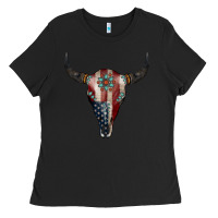 Black American Bull Skull Gemstone Ladies Tee - Jasminsmagicworld