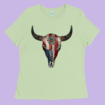 American Bull Skull Gemstone Ladies Tee Designed By Jasminsmagicworld
