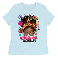 Baby Blue preschool teacher life afro messy bun Ladies Tee - NancyCooperArtShop