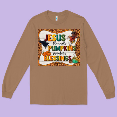 Jesus Flannel's Pumpkins Blessings Long Sleeve Tee Designed By Tumblerdesignbyshophia