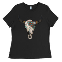 Black Cowhide Bull Skull Ladies Tee - Jasminsmagicworld