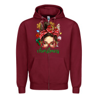 Burgundy Christmas Messy Bun With Gingerbread Man Zipper Hoodie - BundleAndBundleShop