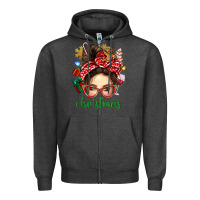 Charcoal Heather Christmas Messy Bun With Gingerbread Man Zipper Hoodie - BundleAndBundleShop