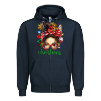 Navy Christmas Messy Bun With Gingerbread Man Zipper Hoodie - BundleAndBundleShop