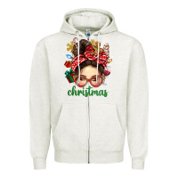 Oatmeal Heather Christmas Messy Bun With Gingerbread Man Zipper Hoodie - BundleAndBundleShop