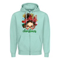 Seafoam Christmas Messy Bun With Gingerbread Man Zipper Hoodie - BundleAndBundleShop