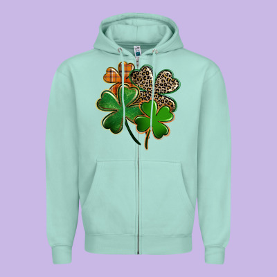 Leopard Shamrock Zipper Hoodie Designed By Fadigitalartstudio
