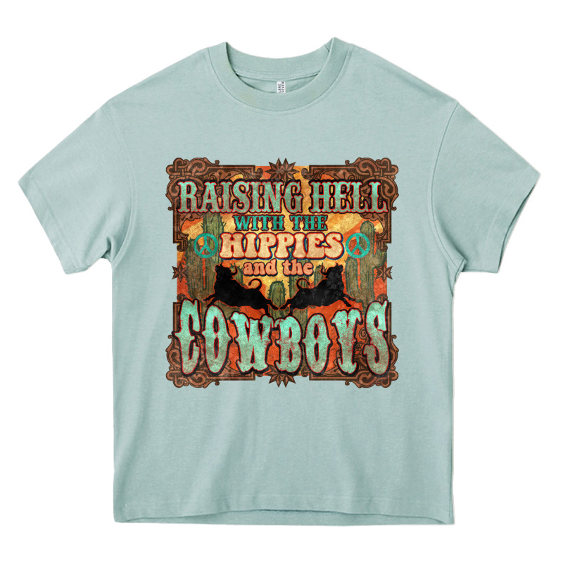 Raising Hell With The Hippies And The Cowboys Heavy Core Tee by NancyCooperArtShop | Teevron
