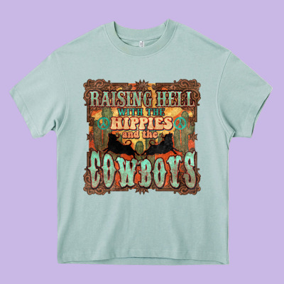 Raising Hell With The Hippies And The Cowboys Heavy Core Tee Designed By Nancycooperartshop