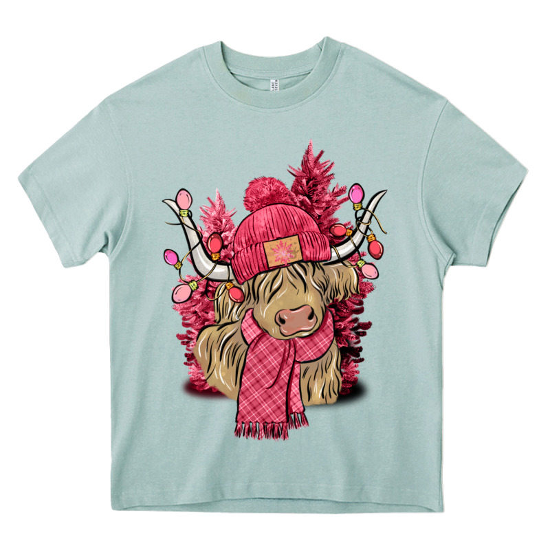 Pink Winter Long Haired Cow Heavy Core Tee by NancyCooperArtShop | Teevron