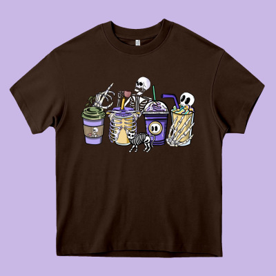 Skeleton Coffee Cups Heavy Core Tee Designed By Nancycooperartshop