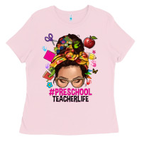 Bubblegum Pink preschool teacher life  messy bun Ladies Tee - NancyCooperArtShop