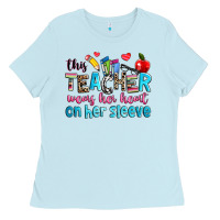 Baby Blue this teacher wears her her on her sleeve Ladies Tee - NancyCooperArtShop