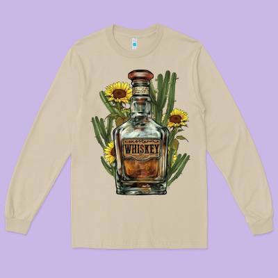 Western Whiskey Bottle Long Sleeve Tee Designed By Howdyjamesfarm