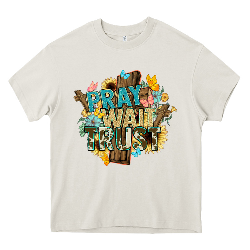 Pray Wait Trust Crosses Christian Heavy Core Tee by NancyCooperArtShop | Teevron