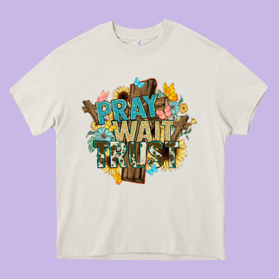 Pray Wait Trust Crosses Christian Heavy Core Tee Designed By Nancycooperartshop