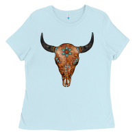 Baby Blue Western Tooled Leather Bull Skull Ladies Tee - Jasminsmagicworld