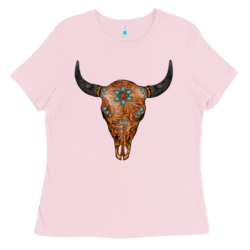 Western Tooled Leather Bull Skull Ladies Tee by Jasminsmagicworld | Teevron