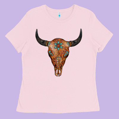 Western Tooled Leather Bull Skull Ladies Tee Designed By Jasminsmagicworld